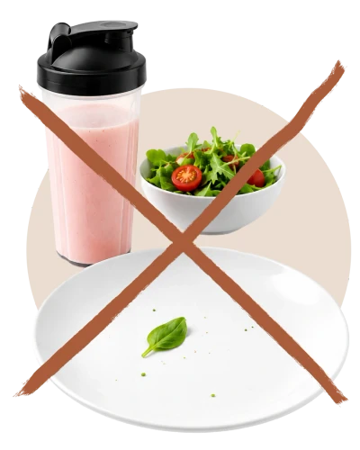 Durchgestrichener Abnehm-Shaker, Salat und ein fast leerer Teller — sinnbildlich für gescheiterte Diäten