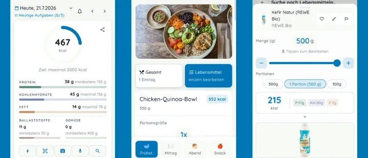 Bahmee App: Tagesübersicht, Mahlzeiten-Tracking mit Foto und Produktsuche