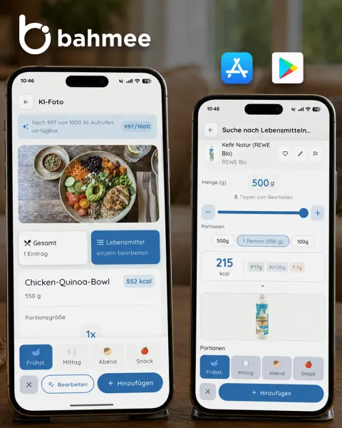 Bahmee App auf zwei iPhones: KI-Foto-Erkennung einer Mahlzeit und Lebensmittelsuche