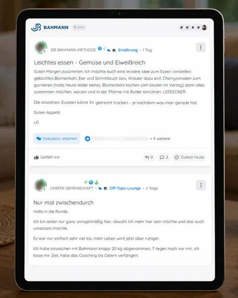 Tablet mit der Community: Rezept-Idee und Erfolgsmeldung einer Teilnehmerin