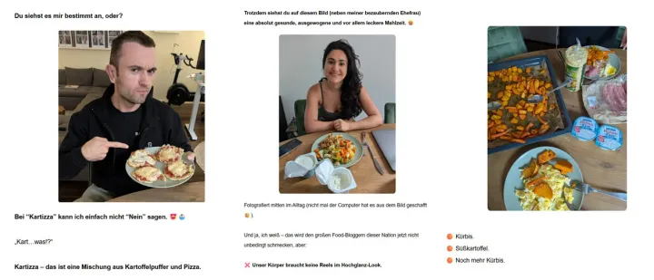 Ausschnitte aus drei Challenge-Mails mit Rezepten und Alltagsfotos