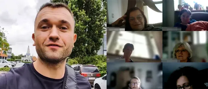 Live-Schritte-Session: Jan geht draußen mit dem Handy, daneben Teilnehmerinnen im Video-Call