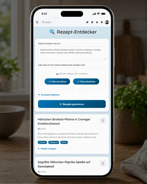 iPhone in der Küche mit dem Rezept-Entdecker: eiweißreiche Rezeptvorschläge aus deinen Zutaten