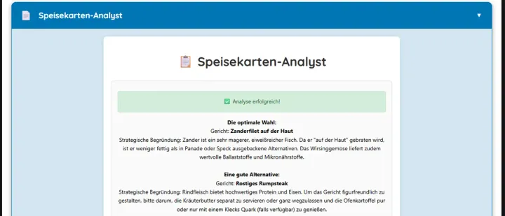 Speisekarten-Analyst: Analyse-Ergebnis mit der optimalen Gericht-Empfehlung