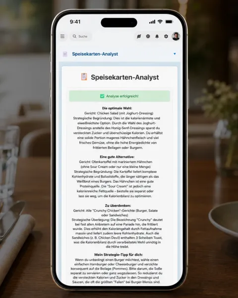 iPhone im Restaurant mit dem Speisekarten-Analyst: Analyse-Ergebnis mit der optimalen Gericht-Empfehlung