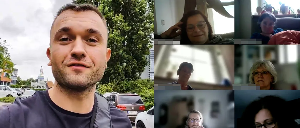 Live-Schritte-Session: Jan geht draußen mit dem Handy, daneben Teilnehmerinnen im Video-Call