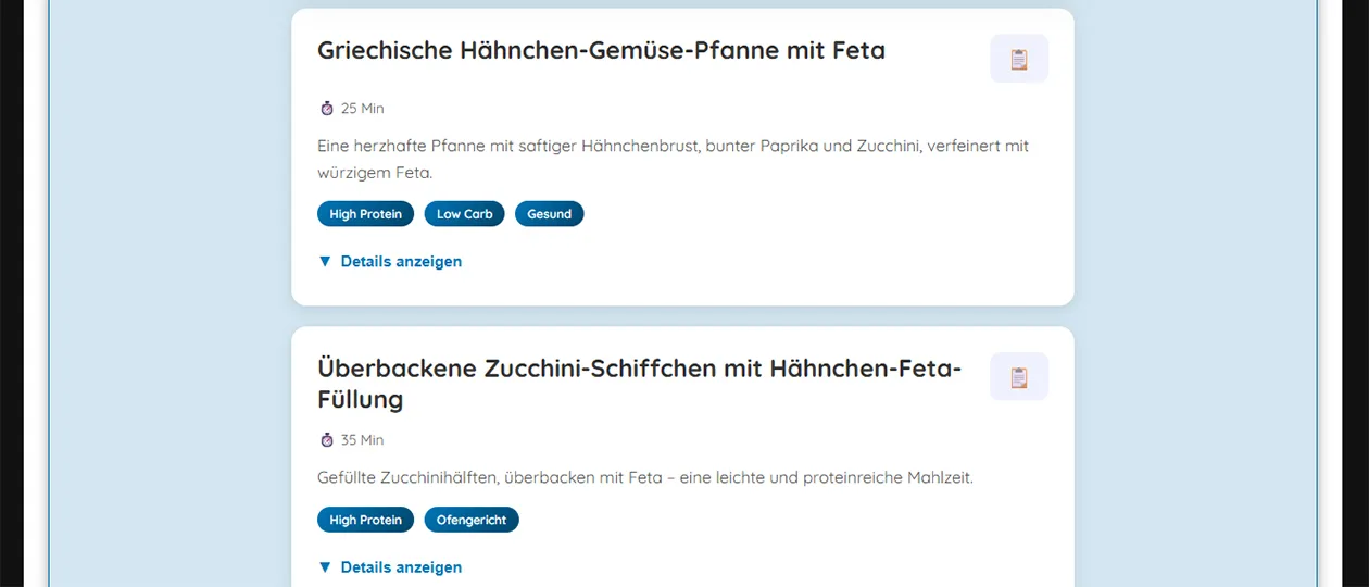 Rezept-Entdecker: eiweißreiche Rezeptvorschläge aus deinen Zutaten