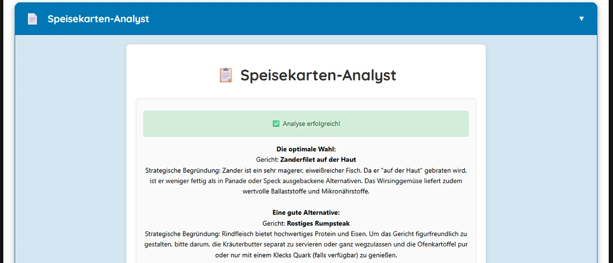 Speisekarten-Analyst: Analyse-Ergebnis mit der optimalen Gericht-Empfehlung